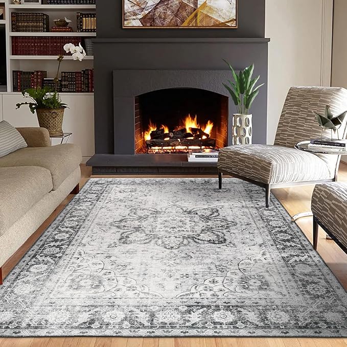 ReaLife Rugs Machine Washable Area Rug - Living Room Bedroom Bathroom Kitchen Entryway Office - Padded Low Pile Stain Resistant Premium - Boho Farmhouse Vintage - Joy - Gray 5' x 7'