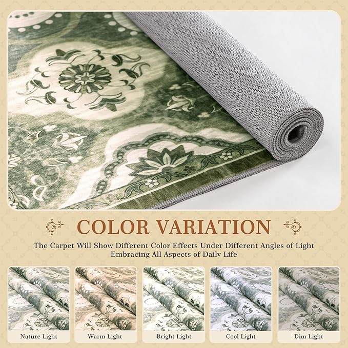EnHomee Washable Area Rugs 4x6, Soft Area Rug for Living Room Bedroom, Boho Non Slip Low Pile Stain Resistant Washable Rug Large Carpet for Dining Room,Easy to Clean Living Room Rug, Green