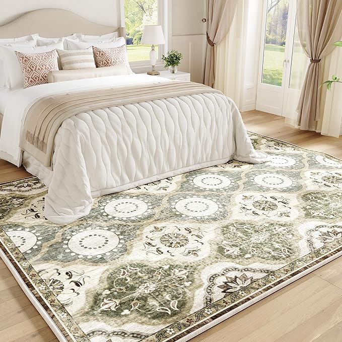 EnHomee Area Rugs 5x7, Soft Washable Rugs for Living Room Bedroom, Boho Non Slip Low Pile Stain Resistant Washable Rug Large Carpet for Dining Room,Easy to Clean Living Room Rug, Green