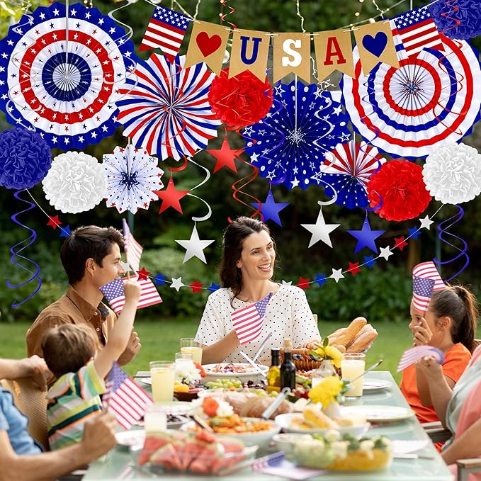 26 PCS 4th of July Decorations, Red White Blue Paper Fans in Patriotic Designs, 4th of July Banner Pompom Star Garland and Hanging Swirls Set for Fourth of July Independence Day Party Supplies Decor