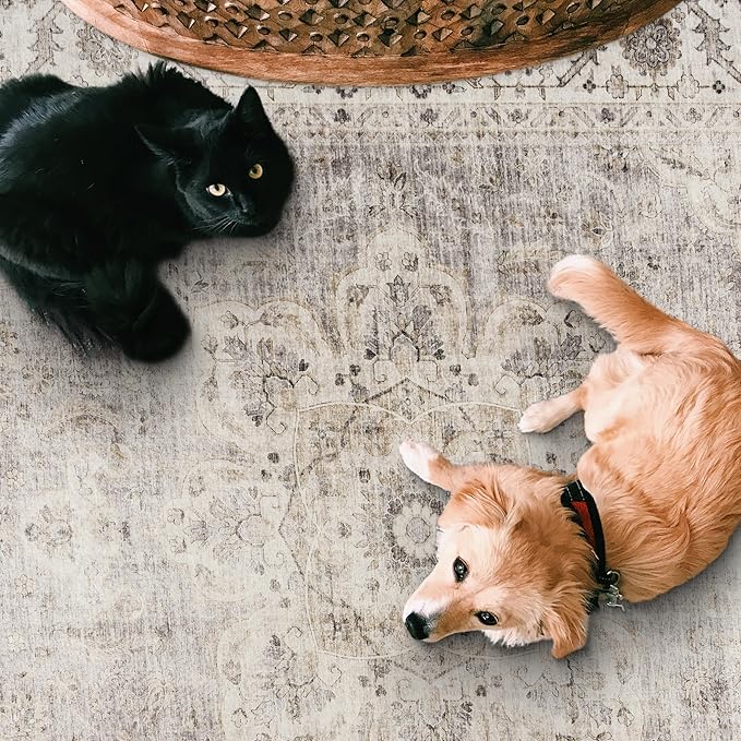 ReaLife Rugs Machine Washable Area Rug Runner - Living Room Bedroom Bathroom Kitchen Entryway Office - Padded Low Pile Stain Resistant Premium - Boho Farmhouse Vintage - Joy - Beige Ivory 2'6" x 6'