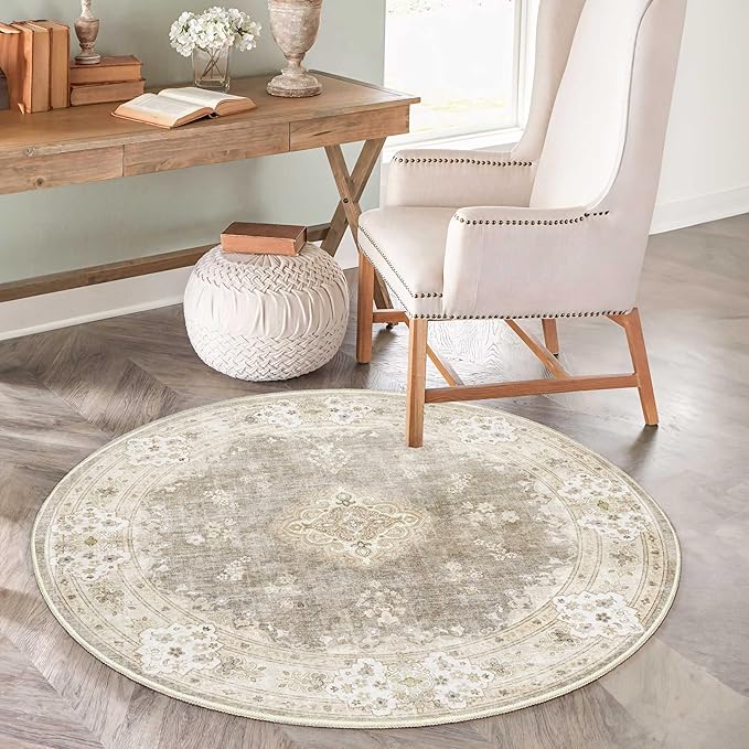 MUJOO Beige Round Rug 4ft,Circle Washable Area Rugs for Bedroom Living Room Bathroom,Vintage Bohemian Distressed Farmhouse Non Slip Circular Carpet,Floral