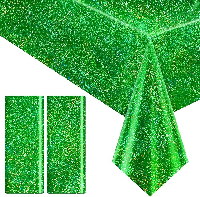 2 pcs Green Holographic Tablecloth 40" x 108" Christmas Table Cloth Shimmer Shining Plastic Metallic Table Cover for Jungle Safari St. Patrick's Day Baby Shower Birthday Party Decoration Supplies