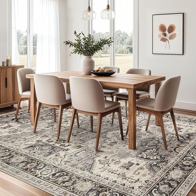 Area Rug for Living Room - 6x9 Soft Machine Washable Oriental Vintage Floral Distressed Large Indoor Floor Carpet for Bedroom Under Dining Table Home Office Decor - Brown