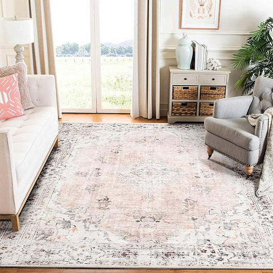 MUJOO Pink Rug 6'x9' Area Rugs for Living Room Washable Rugs Large Boho Carpet for Bedroom Dining Room Neutral Vintage Farmhouse Abstract Non Slip Soft Low-Pile Floral Flowers