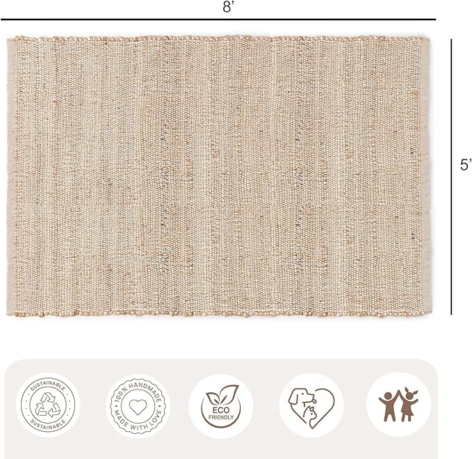 REDEARTH · Jute Cotton Area Rug, Sustainable Handwoven, Non-Shedding, Soft & Durable – Reversible, Neutral Tones for Home Décor in Living Room, Dining Room, Bedroom (Arden Natural, 5'x8')