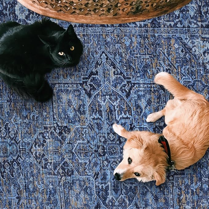 ReaLife Rugs Machine Washable Area Rug - Living Room Bedroom Bathroom Kitchen Entryway Office - Padded Low Pile Stain Resistant Premium - Boho Vintage Traditional - Lyle - Blue 5' x 7'