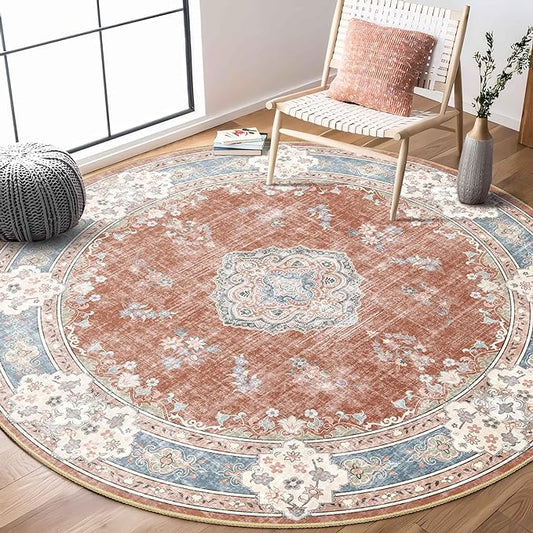 MUJOO Boho Round Rug 6ft,Circle Washable Area Rugs for Bedroom Living Room Bathroom, Large Vintage Distressed Non Slip Circular Carpet,Orange Navy Blue Floral