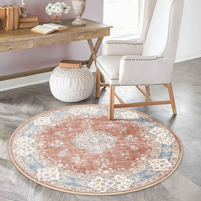 MUJOO Boho Round Rug 4ft,Circle Washable Area Rugs for Bedroom Living Room Bathroom,Vintage Small Distressed Non Slip Circular Carpet,Orange Navy Blue Floral