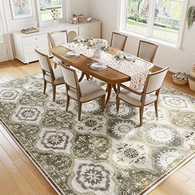 EnHomee 8x10 Area Rug, Soft Washable Rugs for Living Room Bedroom, Boho Non Slip Low Pile Stain Resistant Washable Rug Large Area Rugs for Dining Room,Easy to Clean Living Room Rug, Green