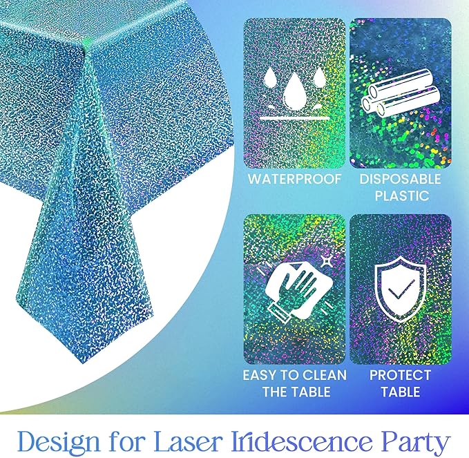 1pcs Blue Holographic Laser Tablecloths 40" x 108" Plastic Table Cloths for Parties Shimmer Shiny Party Decoration for Winter Ocean Princess Birthday Party Wedding Baby Shower Christmas Decor