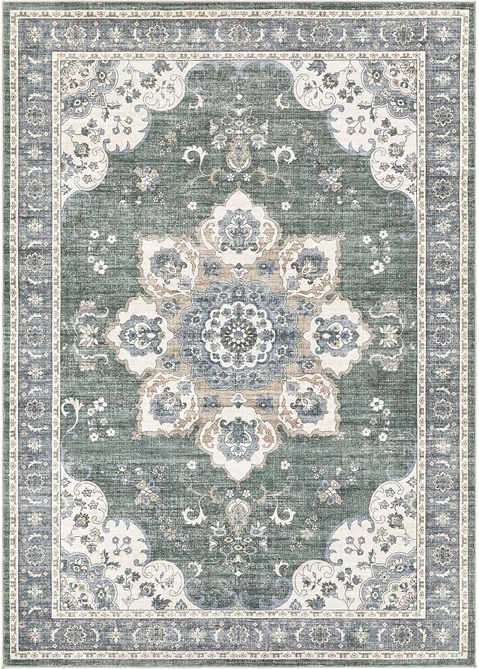 Area Rug for Living Room - 7x9 Soft Washable Oriental Vintage Floral Distressed Large Carpet - Fade Stain Resistant Non Slip Rugs for Bedroom Dining Room Nursery Dorm Office Home Decor - Green