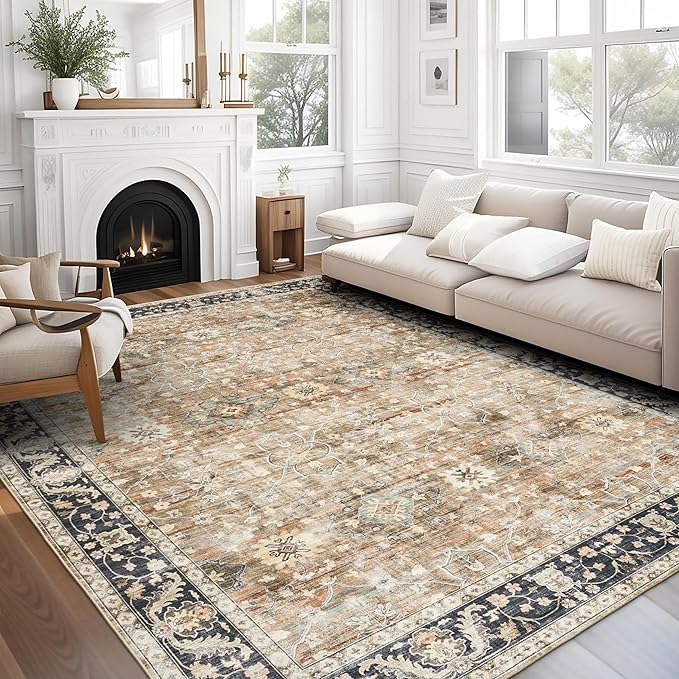 ReaLife Machine Washable Area Rug - Living Room Bedroom Bathroom Kitchen Entryway Office - Padded Low Pile Stain Resistant Premium - Boho Farmhouse Vintage - BEV - Beige Tan Brown 7'6" x 9'6"