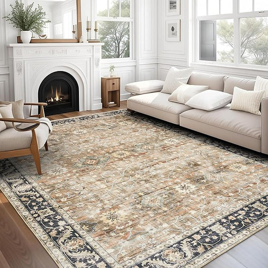 ReaLife Machine Washable Area Rug - Living Room Bedroom Bathroom Kitchen Entryway Office - Padded Low Pile Stain Resistant Premium - Boho Farmhouse Vintage - BEV - Beige Tan Brown 7'6" x 9'6"
