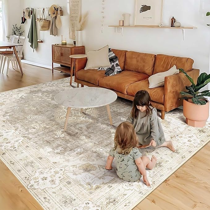 MUJOO Beige Rug 6'x9',Washable Area Rugs for Living Room Bedroom Dining Room, Large Boho Vintage Farmhouse Distressed Non Slip Carpet,Floral Flowers