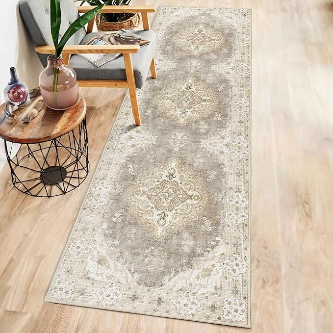 MUJOO Hallway Runner Rug 2'x8' Beige,Long Boho Rug Runners Washable Non Slip Carpet for Entryway Kitchen Bathroom Bedside,Vintage Bohemian Distressed Farmhouse Non Slip Carpet,Floral