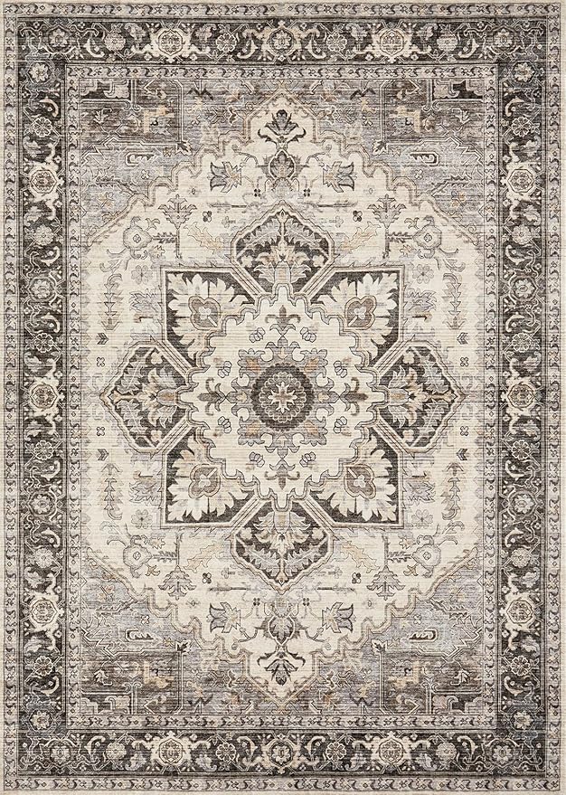 Area Rug for Living Room - 9x12 Soft Machine Washable Oriental Vintage Floral Distressed Large Indoor Floor Carpet for Bedroom Under Dining Table Home Office Decor - Grey Brown