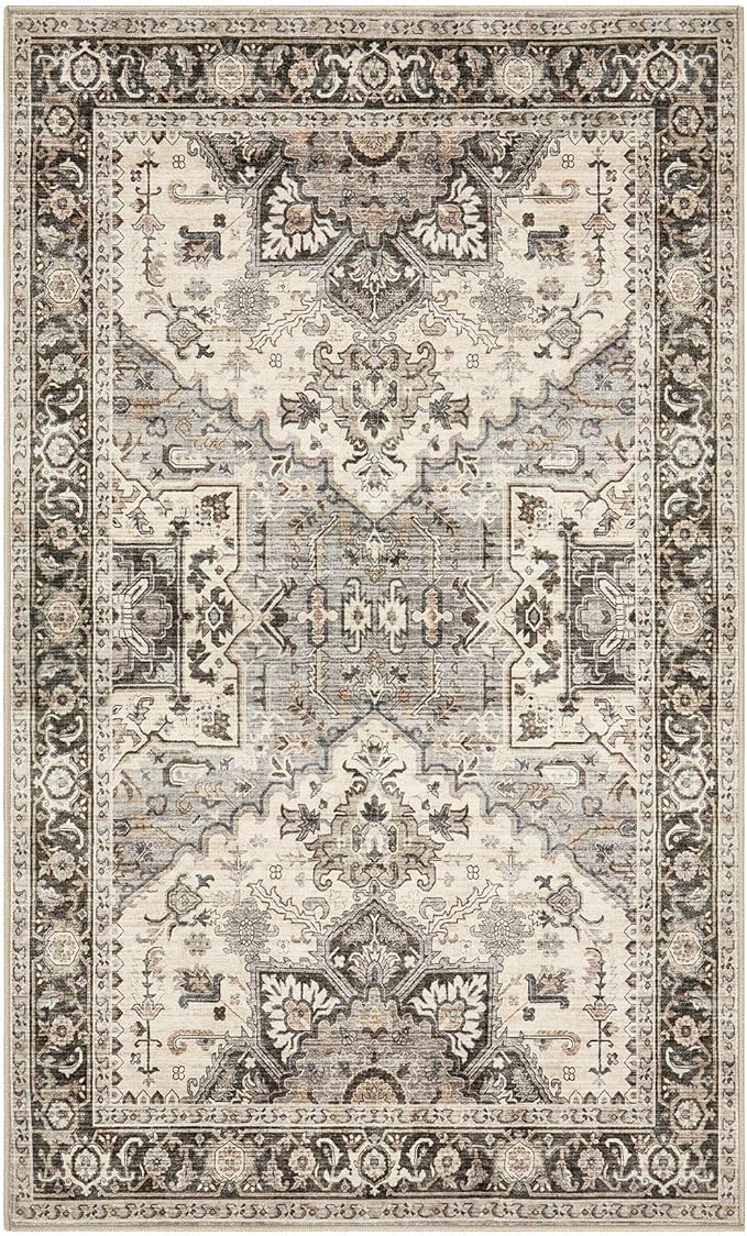 3x5 Washable Entryway Rug: Non-Slip Soft Vintage Floral Indoor Area Rug for Living Room Large Kitchen Entryway Bedroom Bedside, Door Mat Throw Carpet for Laundry Foyer Home Decor (Brown)