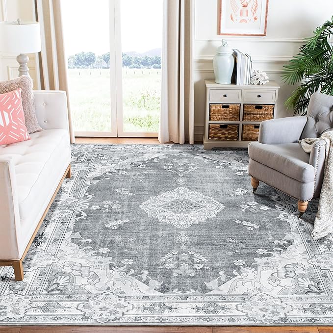 MUJOO Grey Rug 6'x9',Washable Area Rugs for Living Room Bedroom Dining Room, Large Boho Vintage Farmhouse Distressed Non Slip Carpet,Floral Flowers