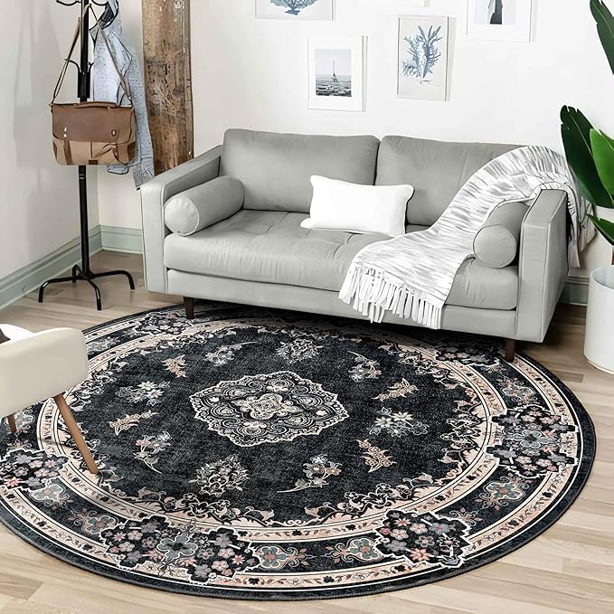 MUJOO Black Round Rug 6ft,Circle Washable Area Rugs for Bedroom Living Room Bathroom,Boho Large Vintage Bohemian Distressed Farmhouse Non Slip Circular Carpet,Floral