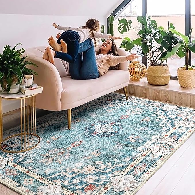 MUJOO Boho Rug 4'x6.5' Area Rugs for Bedroom Living Room Dining Room Teal Small Machine Washable Non Slip Carpet for Office Dorm Bedside Kitchen Laundry Room Accent Soft Blue Floral