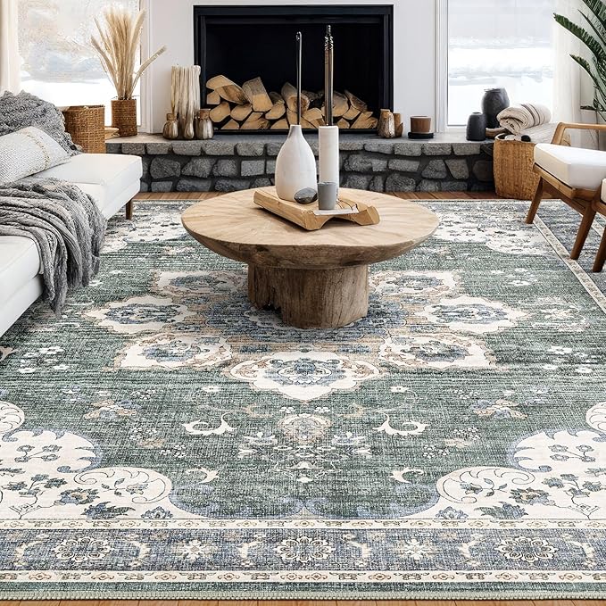 Area Rug for Living Room - 9x12 Soft Washable Oriental Vintage Floral Distressed Large Carpet - Fade Stain Resistant Non Slip Rugs for Bedroom Dining Room Nursery Dorm Office Home Decor - Green