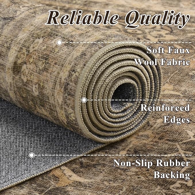 HelloTree Washable Rugs 8x10 Area Rug for Living Room, Vintage Boho Brown Rug Non Slip Carpet Retro Accent Indoor Mat Print Distressed Low Pile Throw Large Rug for Office Dining Room Bedside-Brown