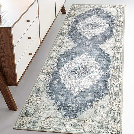 MUJOO Hallway Runner Rug Machine Washable Runner Rugs Non Slip Boho Blue Grey Runner Rug for Hallways Entryway Kitchen Bathroom Bedside Retro Soft Low-Pile 2'x6' Blossom