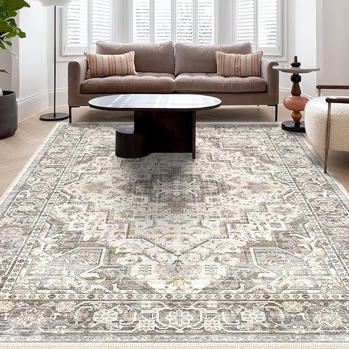 Washable Vintage Area Rug 8x10，Printed Vintage Home Decor, Floor Decoration Carpet Mat，Thin Rug for Living Room, Distressed Oriental Reto Indoor Floor Carpet Rug (Brown Beige 8x10)