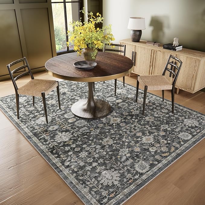 6x9 Washable Rug Vintage Fade Resistant Boho Distressed Non-Slip Indoor Large Carpet Low Pile Lightweight & High-Traffic Safe for Bedroom, Dorm, Playroom - Farmhouse Decor