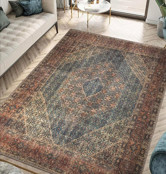 Keen Home Design 4x6 Rug - Machine Washable Area Rug with Non-Slip Backing, Ideal for Living Room, Dining Room, Bedroom - Vintage, Easy Clean, Durable, Low Pile Rug - (4' x 6')