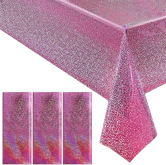 3Pcs Pink Holographic Plastic Tablecloths Laser Table Covers 40" x 108" Foil Disposable Table Cloths for Themed Birthday Party Wedding Christmas Holiday Party Decorations