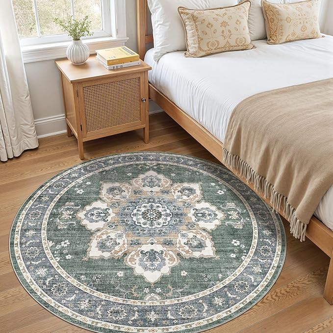Area Rug for Living Room - 5x5 Soft Washable Oriental Vintage Floral Distressed Large Carpet - Fade Stain Resistant Non Slip Rugs for Bedroom Dining Room Nursery Dorm Office Home Decor - Green