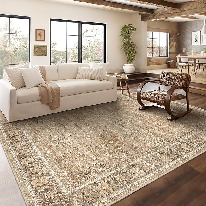 HelloTree Washable Rugs 8x10 Area Rug for Living Room, Vintage Boho Khaki Rug Non Slip Carpet Retro Accent Indoor Mat Print Distressed Low Pile Throw Large Rug for Office Dining Room Bedside-Khaki
