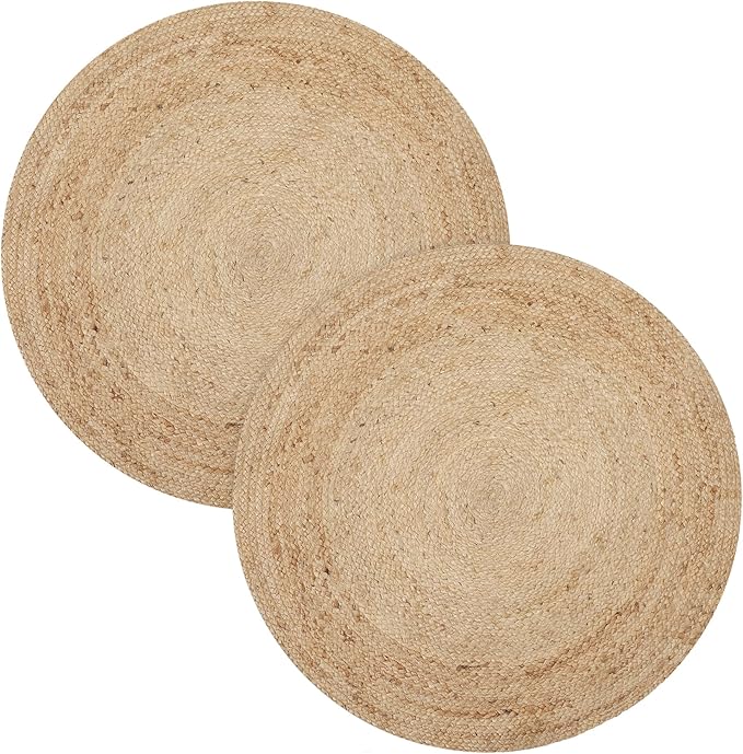 REDEARTH · Round Area Rug - 3 Feet Braided Natural Jute with Non-Skid Backing - Handwoven Boho Rug for Bedroom, Kitchen, Living Room - Farmhouse Aesthetic Home Decor - Durable Handmade Rug, Set of 2