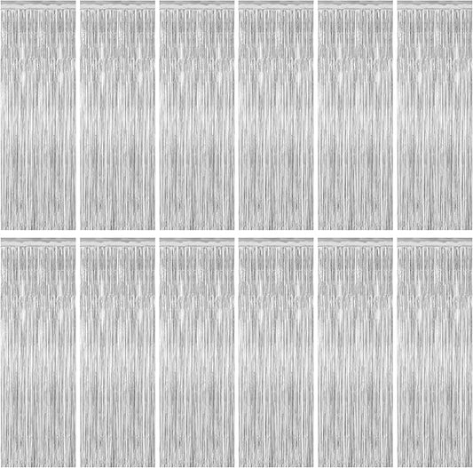 12 Pack Silver Backdrop. 3.28 FT x 7.05 FT Birthday Decorations, Metallic Silver Fringe Backdrop Foil Curtains Tinsel, Disco Party Decor Photo Booth Props Door Decorations Hanging