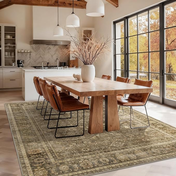 HelloTree Washable Rugs 8x10 Area Rug for Living Room, Vintage Boho Brown Rug Non Slip Carpet Retro Accent Indoor Mat Print Distressed Low Pile Throw Large Rug for Office Dining Room Bedside-Brown