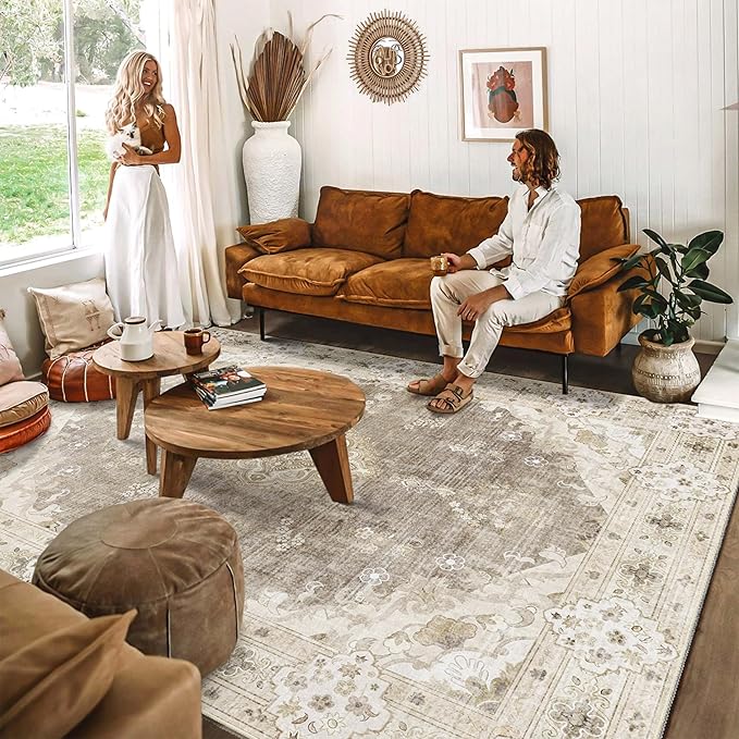 MUJOO Beige Rug 8'x10' Area Rugs for Living Room Bedroom Dining Room,Large Washable Boho Bohemian Vintage Distressed Farmhouse Non Slip Carpet, Floral Flowers