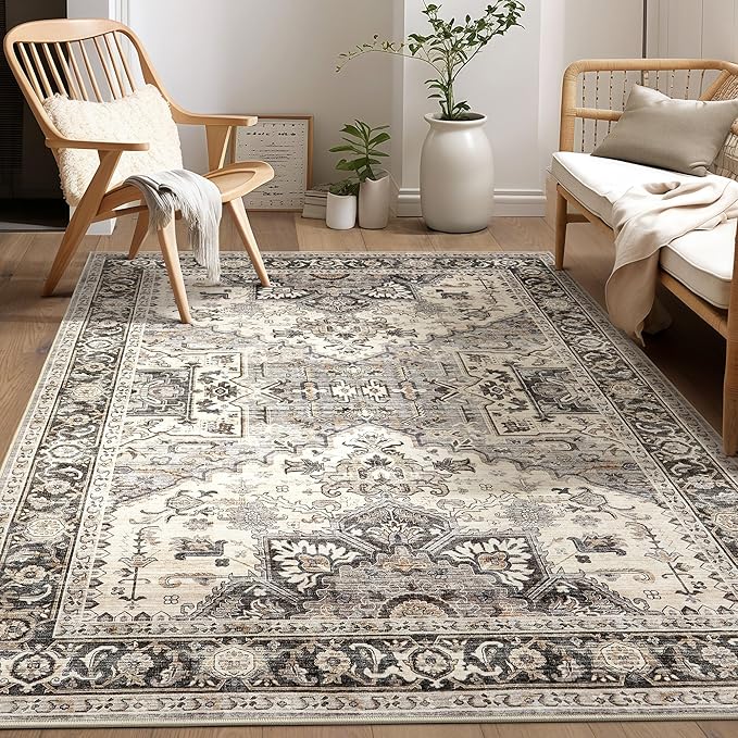 Area Rug for Living Room - 6x9 Soft Machine Washable Oriental Vintage Floral Distressed Large Indoor Floor Carpet for Bedroom Under Dining Table Home Office Decor - Brown