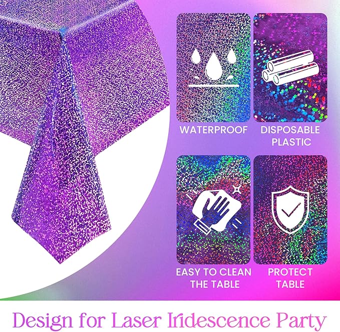 2 pcs Purple Holographic Plastic Tablecloths Laser Table Covers 40" x 108" Foil Disposable Table Cloths for Party Birthday Wedding Christmas Holiday Party Decorations