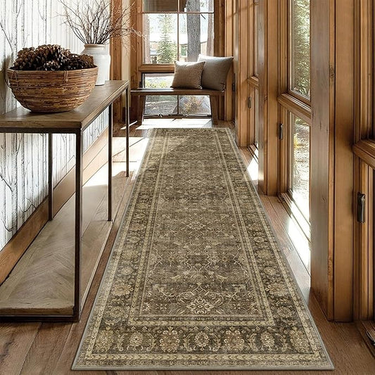 2.6x8 Runner Rug for Hallways Vintage Distressed Non Slip Long Carpet Floral Boho Distress Print Pattern Mat Lightweight Retro Accent Throw Carpet for Kitchen Bedroom Bedside Laundry Room-Brown ﻿