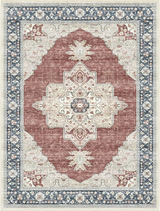 7X9 Washable Vintage Area Rug Boho Distressed Design Non-Shedding Carpet Easy Care Ideal for High Traffic Areas (Brick/Beige, 7x9)