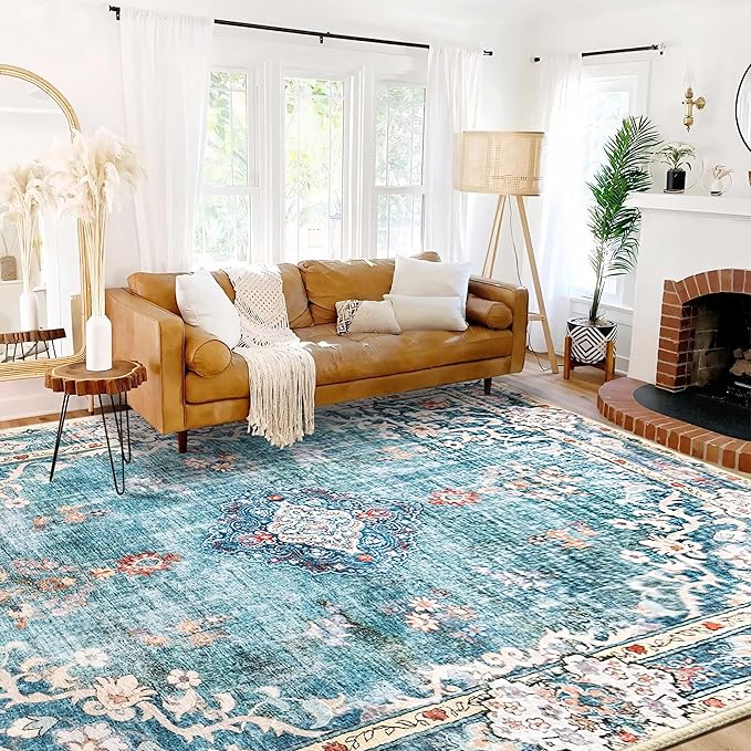 MUJOO 9’x12’ Area Rug Large Rugs for Living Room Teal Rug for Bedroom Dining Room Boho Rug Washable Rug Non Slip Big Carpet Abstract Soft Low-Pile Floral Flowers