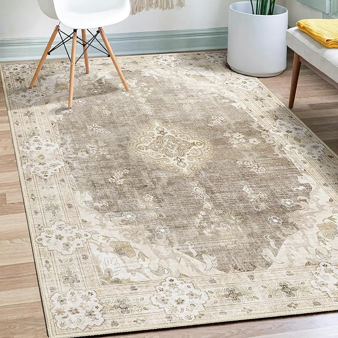 MUJOO Beige Rug 3'x5' Washable, Boho Area Rugs for Entryway Bedroom Living Room Kitchen,Small Vintage Bohemian Distressed Farmhouse Non Slip Carpet,Floral