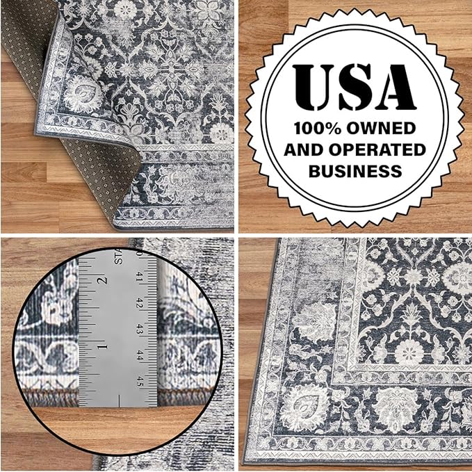 ReaLife Rugs Machine Washable Area Rug - Living Room Bedroom Bathroom Kitchen Entryway Office - Padded Low Pile Stain Resistant Premium - Boho Farmhouse Vintage - Noor - Dark Gray Ivory 5' x 7'