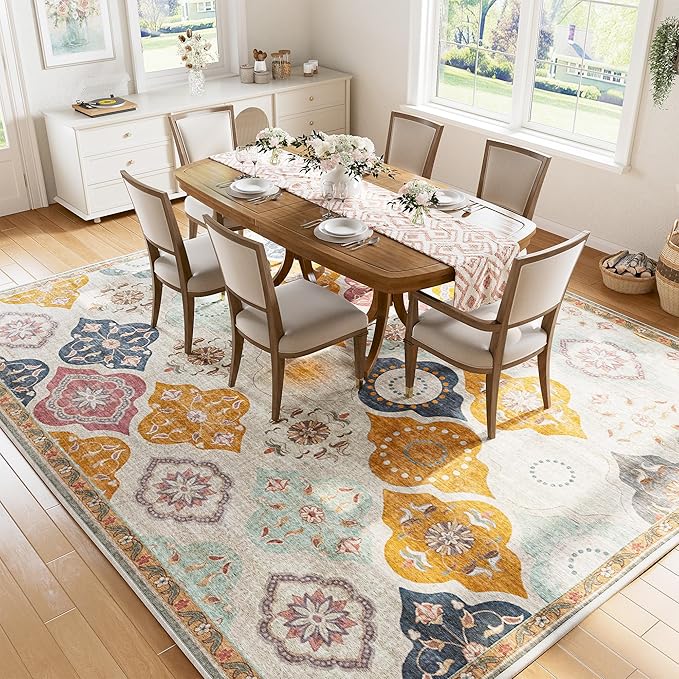 EnHomee 8x10 Area Rug, Soft Washable Rugs for Living Room Bedroom, Boho Non Slip Low Pile Stain Resistant Washable Rug Large Area Rugs for Dining Room,Easy to Clean Living Room Rug, Colorful