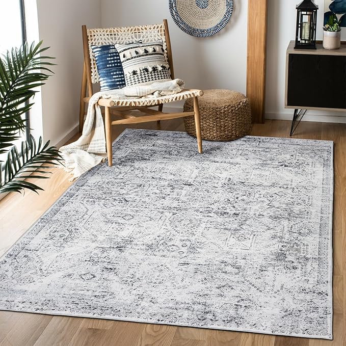 Area Rug 6×9, Large Vintage Boho Rug,Ultra-Soft Low Pile, Washable, Non Slip,Stain Resistant, Printed Carpet for Living Room Bedrooms Playroom Office Kitchen, Classic-Grey