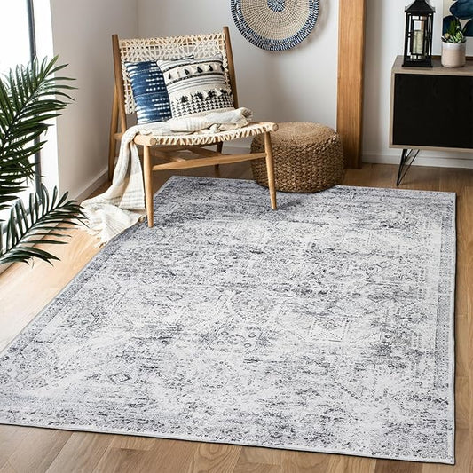 Area Rug 3×5, Vintage Boho Rug,Ultra-Soft Low Pile, Washable, Non Slip,Stain Resistant Printed Carpet for Living Room Bedrooms Playroom Office Kitchen, Classic-Grey