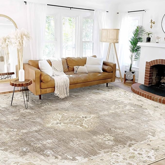 MUJOO 9’x12’ Area Rug Large Rugs for Living Room Bedroom Dining Room,Boho Washable Non Slip Bohemian Vintage Distressed Farmhouse Non Slip Big Carpet,Beige Floral Flowers