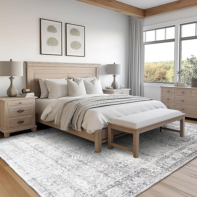 ReaLife Rugs Machine Washable Area Rug - Living Room Bedroom Bathroom Kitchen Entryway Office - Padded Low Pile Stain Resistant Premium - Boho Farmhouse Vintage - Noor - Silver Ivory 7'6" x 9'6"